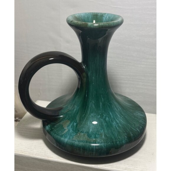 Blue Mountain Pottery Chamberstick Candle Holder Grn Drip Glaze 7" Tall MCM Vtg - Picture 3 of 8